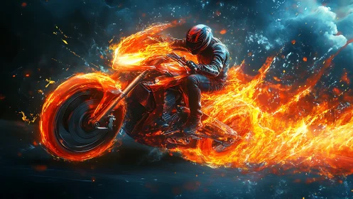 Motorcycle rider leans into turn while engulfed in flames
