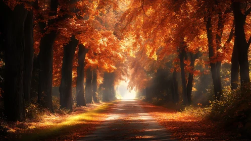 Forest Road Through Autumn Canopy with Backlighting