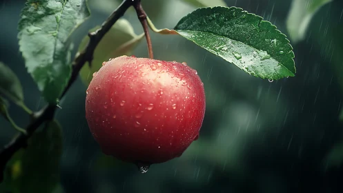 Rain-kissed orchard apple listens quietly to the storm