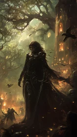 Armored figure with sword in burning forest stronghold.