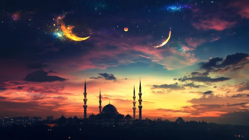 Astrophysical crescent sky over domed mosque silhouette at dusk.