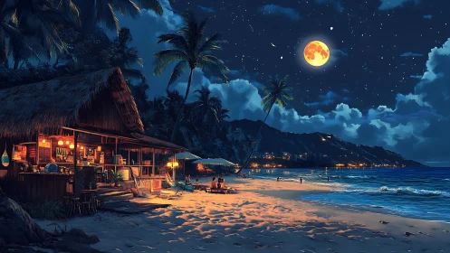 Tropical Nocturnal Beach Settlement with Lunar Radiance.