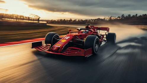 Scarlet speed machine carves wet asphalt under fading light