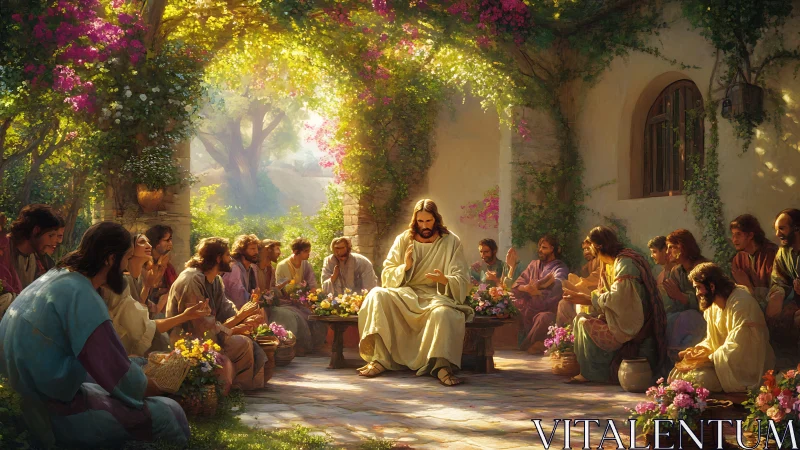 Jesus teaches disciples in sunlit courtyard garden gathering.