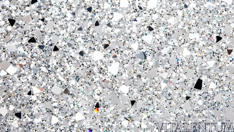 Silver holographic glitter texture with sparkling geometric shapes.