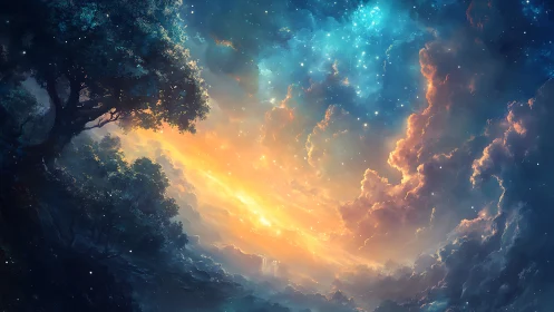 Night forest foreground contrasts with luminous clouded sky