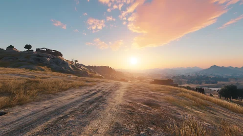 Sunlit country road welcoming a peaceful golden evening.