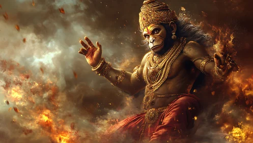Fiery monkey warrior deity poised within swirling embers.