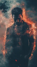 Moody man in flames surrounded by swirling smoke and fire.