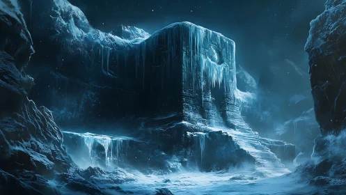 Moonlit ice fortress rises quietly in a frozen mountain pass