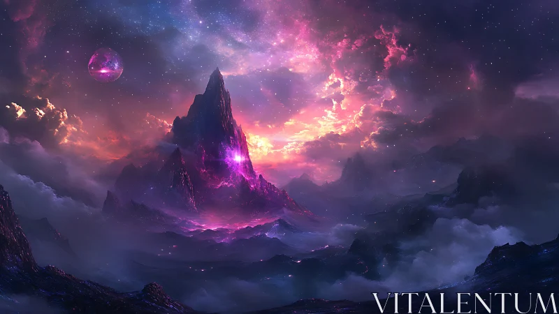 Alien mountain landscape under nebula sky with glowing core.