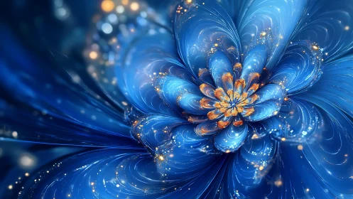 Iridescent fractal bloom in luminous cobalt and gold petals.