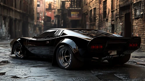 Black sports coupe parked in narrow urban alleyway at dusk.