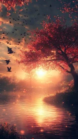 Sunset illuminates river landscape with tree and birds