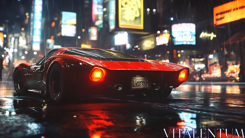 Red sports coupe on wet city street at night in rainfall.