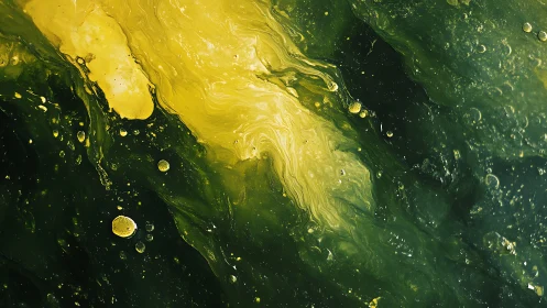 Yellow fluid streaks through dark green swirling liquid field.
