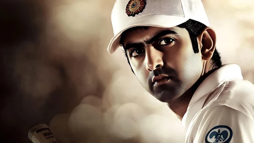 High-contrast close-up of focused male cricket player portrait