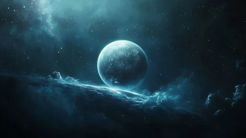 Distant luminous planet above clouded cosmic horizon.