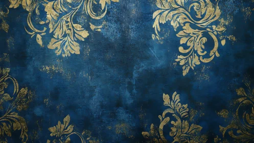 Baroque gold damask flourishes on distressed indigo backdrop