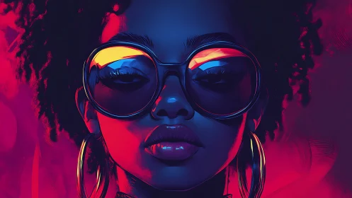 Neon lit portrait of woman in oversized sunglasses and hoops