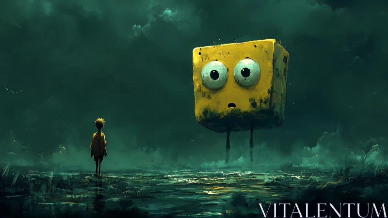 Curious child meets a floating yellow cube in a misty dreamland