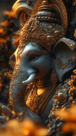 Ornate elephant-headed deity statue in warm golden light.