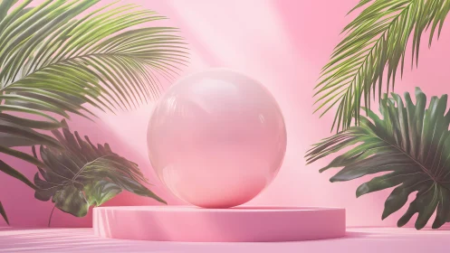 Pink pastel sphere on podium with tropical leaves, modern minimalism.