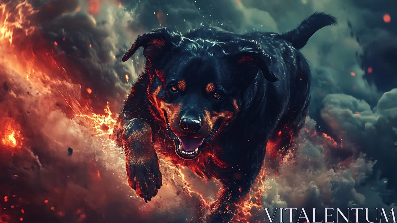 Infernal canine sprint rendered in high-contrast digital flames