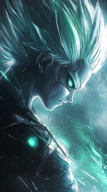 Cybernetic warrior gazes into teal stormlight with fierce resolve