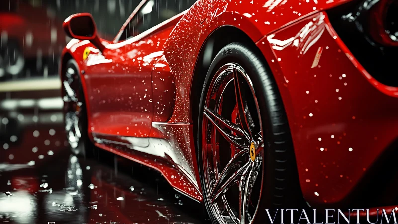 Red supercar glistens with raindrops on polished bodywork.
