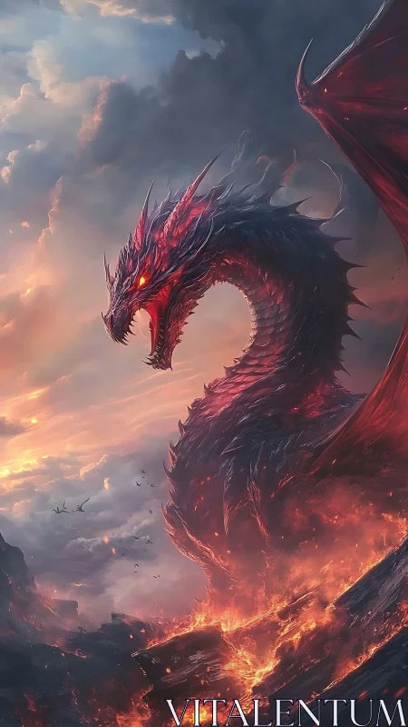 Winged red dragon emerges over volcanic landscape at dusk