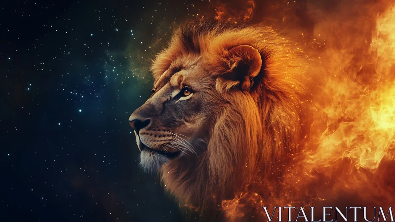 Star-stitched lion gazes forward while its mane becomes fire