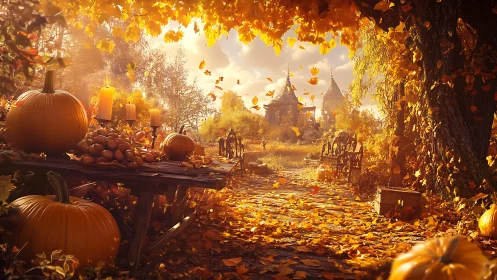 Golden autumn feast path glows toward distant castle