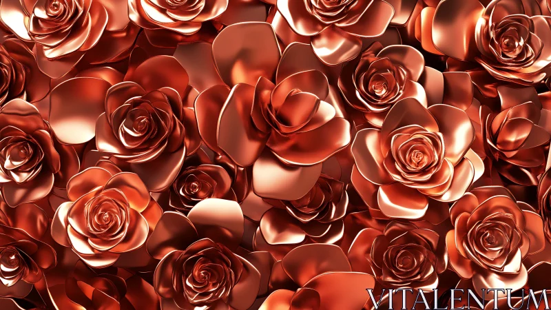 Copper metallic roses arranged in a glowing three dimensional composition