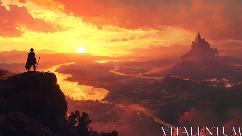 Lone traveler overlooking distant castle at sunset.