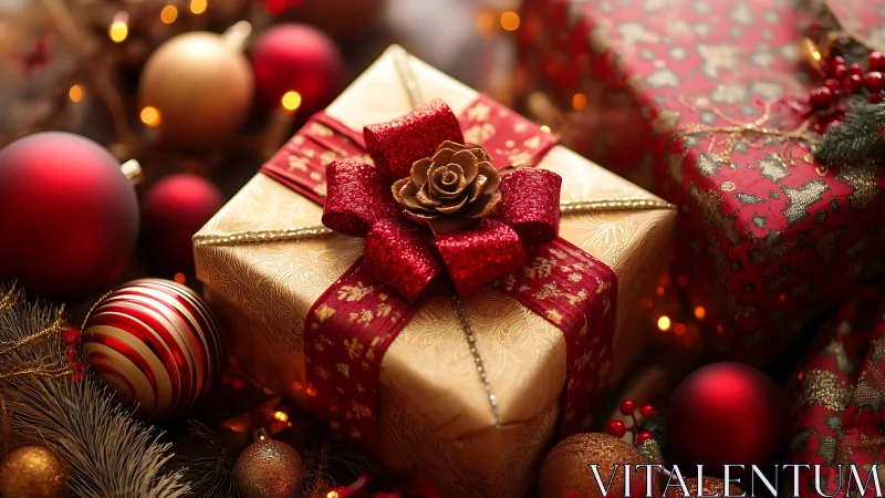 Gold Christmas gift box with red bow and ornaments.