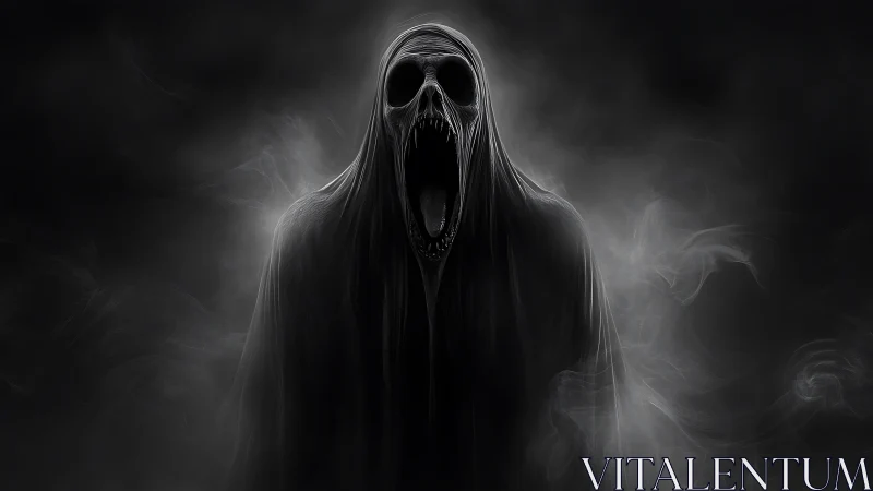 Hooded skeletal figure stands in dense monochrome vapor