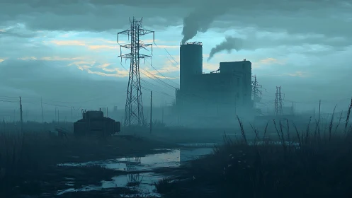 Foggy industrial plant and power lines dominate polluted wetland