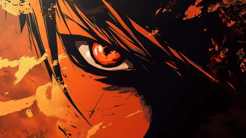 Intense anime eye in fiery orange abstract composition.