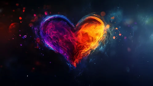 Luminous fiery heart shape rendered with neon gradient effects.