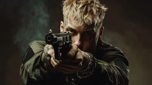 Tattooed man aiming handgun toward camera in studio.