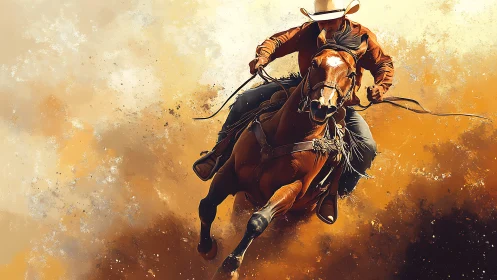 Cowboy on galloping horse in dynamic dusty motion scene.