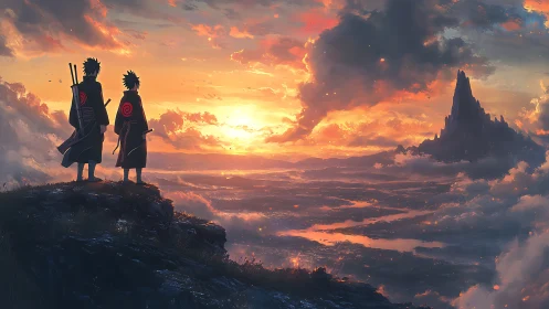 Two young wanderers share a glowing fantasy sunset horizon.