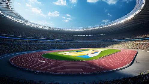 Modern Olympic stadium under bright midday sky panorama.