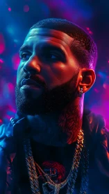 Bearded man in neon lighting with gold chains portrait.