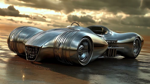 Streamlined chrome concept car rendered in cinematic sunset light