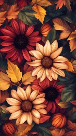 Composite Floral Arrangement with Red and Cream Daisies Among Autumn Foliage