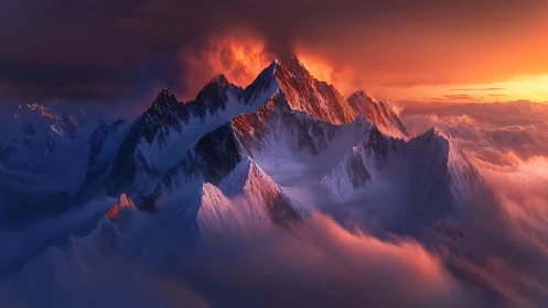 Fiery sunrise gently crowns a tranquil snow capped mountain range