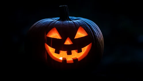 Glowing jack o’lantern smiles warmly in the Halloween night
