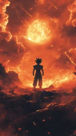 Fiery warrior gazes into a blazing sun of swirling power